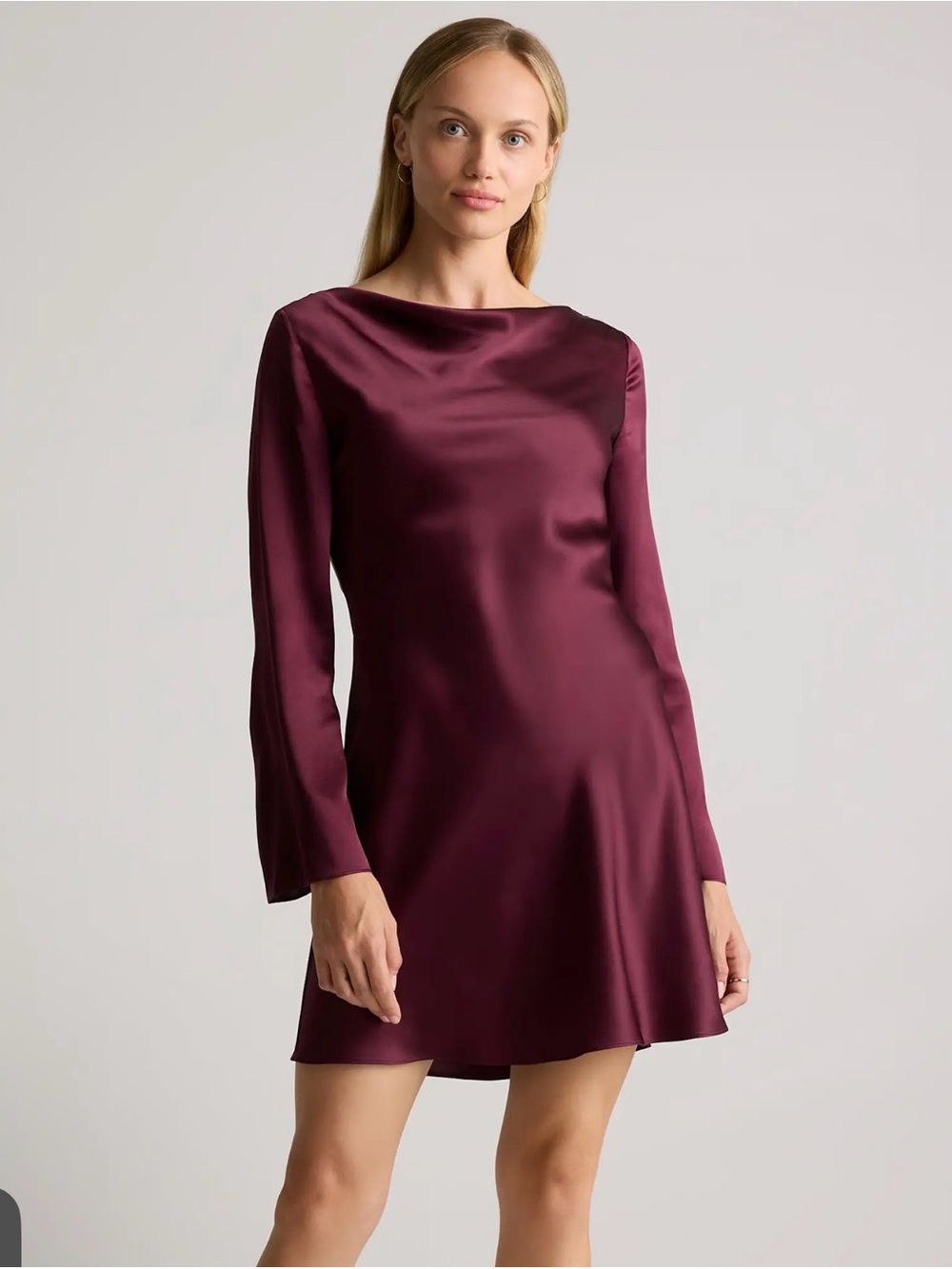 Quince NWOT Washable Silk Long Sleeve Mini Dress in Wine Tasting Red Large 1264